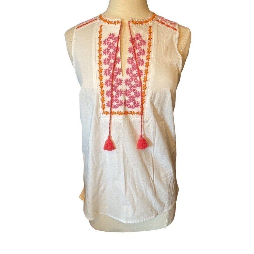 J Crew Boho Chic Embroidered Sleeveless Blouse Women’s Size 2 Orange and Pink